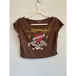 VTG Y2K Ed Hardy Brown Skull Heart Tattoo Crop Top‎ Large Grunge Distressed Goth